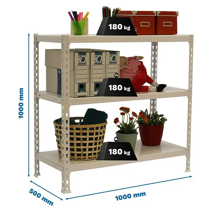 Simonrack Simonclick Metallregal Simonclick Plus - H x B x T: 100 x 100 x 50 cm, Traglast pro Boden: 180 kg, Anzahl Böden: 3 Stk., Stecken, Weiß/Weiß - Ein weißes Metallregal mit drei Ebenen, auf denen verschiedene Gegenstände wie Behälter, Pflanzen und Körbe platziert sind.