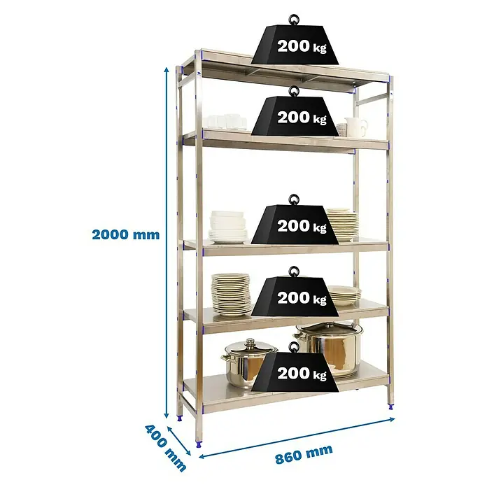 Simonrack Simoninox Metallregal Grundelement - H x B x T: 200 x 86 x 40 cm, Traglast pro Boden: 200 kg, Anzahl Böden: 5 Stk., Stecken, Material Boden: Edelstahl - Abbildung eines robusten, mehrstöckigen Edelstahlregals mit Gewichtsangaben zur Veranschaulichung der Tragfähigkeit.