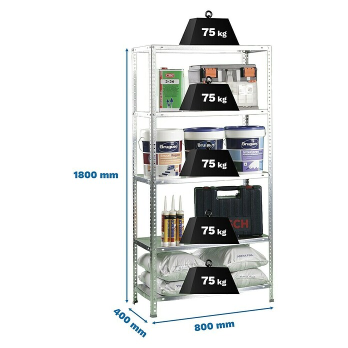 Simonrack Simonclassic Metallregal Advantage Mini (H x B x T: 180 x 80 x 40 cm, Traglast pro Boden: 75 kg, Anzahl Böden: 5 Stk., Schrauben, Silber) | BAUHAUS