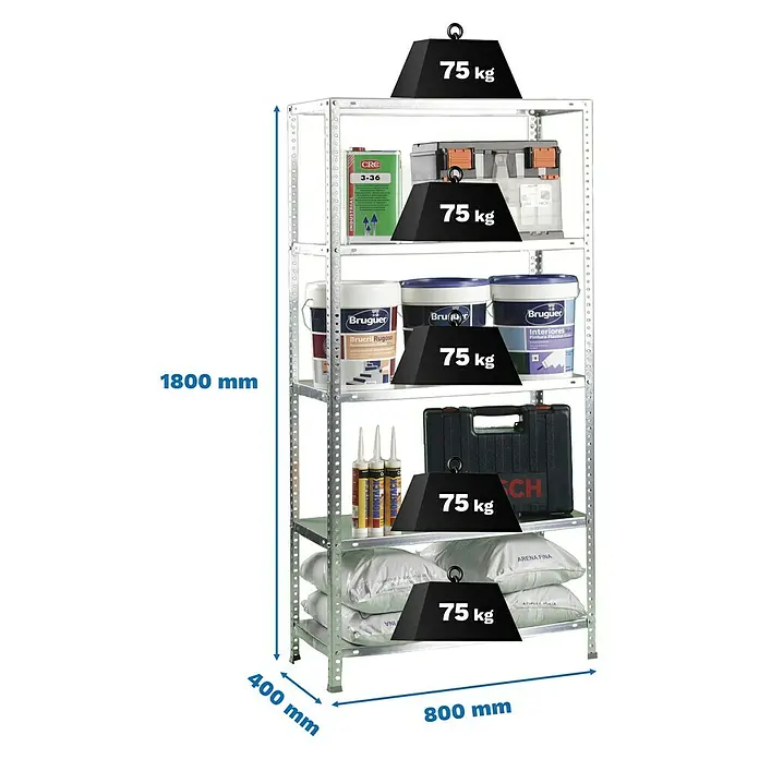 Simonrack Simonclassic Metallregal Advantage Mini - H x B x T: 180 x 80 x 40 cm, Traglast pro Boden: 75 kg, Anzahl Böden: 5 Stk., Schrauben, Silber - Produktfoto eines Schwerlastregals mit fünf Regalböden, beladen mit verschiedenen Gegenständen und Gewichten.