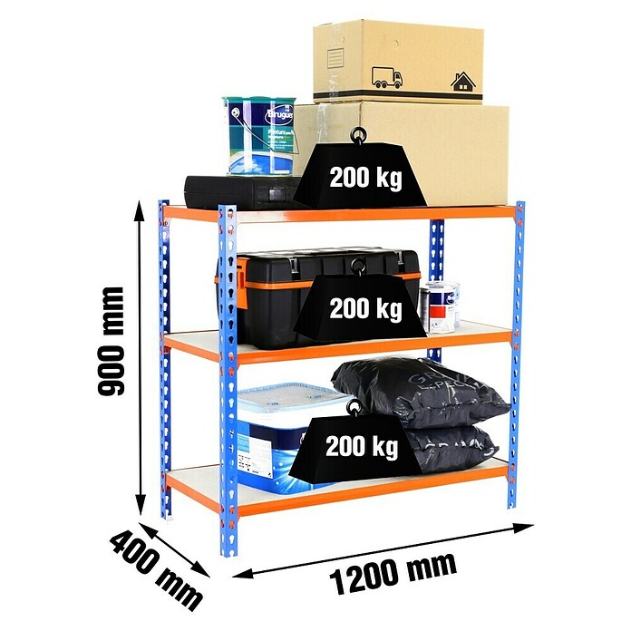 Simonrack Maderclick Estantería metálica Megaplus (Al x An x Pr: 90 x 120 x 40 cm, Capacidad de carga por balda: 200 kg, Número de baldas: 3 ud., Inserción, Azul/Naranja/Madera) | BAUHAUS