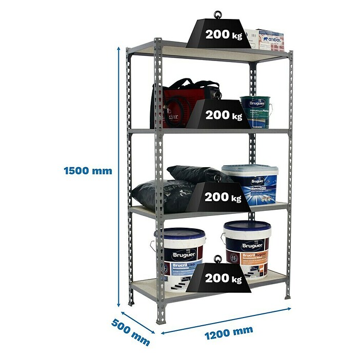 Simonrack Maderclick Estantería metálica Megaplus (Al x An x Pr: 150 x 120 x 50 cm, Capacidad de carga por balda: 200 kg, Número de baldas: 4 ud., Inserción, Galvanizado/Madera) | BAUHAUS