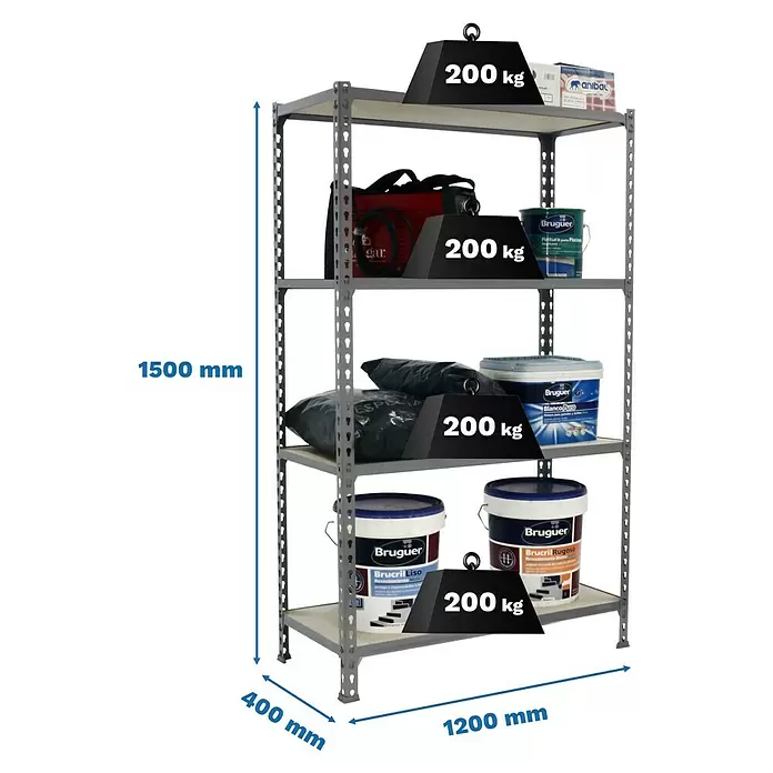 Simonrack Maderclick Estantería metálica Megaplus - Al x An x Pr: 150 x 120 x 40 cm, Capacidad de carga por balda: 200 kg, Número de baldas: 4 ud., Inserción, Galvanizado/Madera - Estantería metálica gris de cuatro baldas, para almacenaje pesado, mostrando dimensiones y capacidad de 200kg por balda.