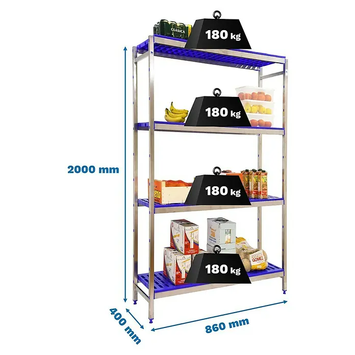 Simonrack Simoninox Metallregal Grundelement - H x B x T: 200 x 86 x 40 cm, Traglast pro Boden: 180 kg, Anzahl Böden: 4 Stk., Stecken, Material Boden: Kunststoff - Ein blaues, mehrstöckiges Regal mit vier Ebenen, beladen mit verschiedenen Produkten und Gewichten, zur Darstellung der Tragfähigkeit.