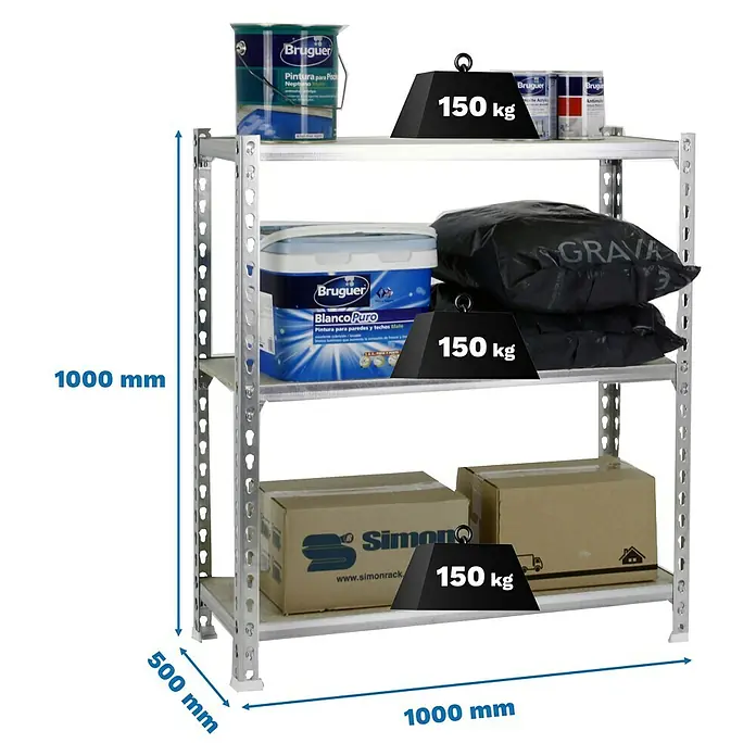 Simonrack Maderclick Metallregal Maderclick Plus - H x B x T: 100 x 100 x 50 cm, Traglast pro Boden: 150 kg, Anzahl Böden: 3 Stk., Stecken, Silber - Abbildung eines Metallregals mit drei Ebenen, beladen mit Farbbehältern, Säcken und Kartons, mit Gewichtsangaben für jede Ebene.