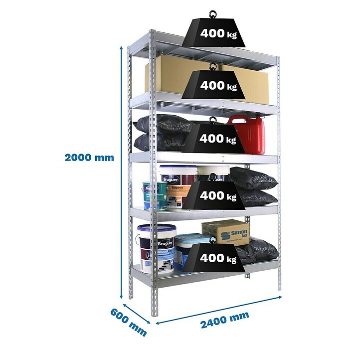 Simonrack Simontaller Metall-Schwerlastregal (L x B x H: 60 x 240 x 200 cm, Traglast: 400 kg/Boden, Anzahl Böden: 5 Stk.)