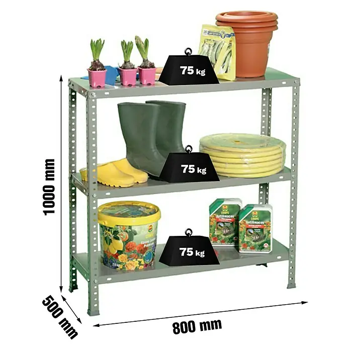 Simonrack Simonclassic Metallregal Advantage Mini - H x B x T: 100 x 80 x 50 cm, Traglast pro Boden: 75 kg, Anzahl Böden: 3 Stk., Schrauben, Grau - Dieses Bild zeigt ein graues Metallregal mit drei Ebenen, auf denen Gartengeräte wie Töpfe, Gießkannen und Blumenzwiebeln stehen.