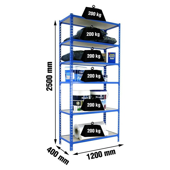 Simonrack Maderclick Estantería metálica Megaplus (Al x An x Pr: 250 x 120 x 40 cm, Capacidad de carga por balda: 200 kg, Número de baldas: 6 ud., Inserción, Azul/Madera) | BAUHAUS