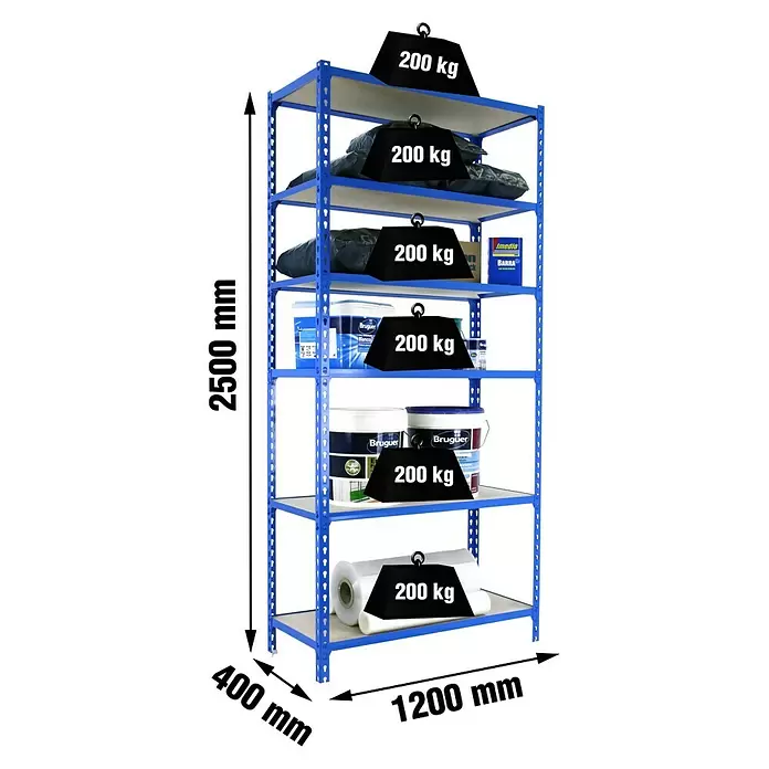 Simonrack Maderclick Estantería metálica Megaplus - Al x An x Pr: 250 x 120 x 40 cm, Capacidad de carga por balda: 200 kg, Número de baldas: 6 ud., Inserción, Azul/Madera - Estantería metálica azul con 6 baldas, soporta 200 kg por balda. Medidas: 2500x1200x400 mm.