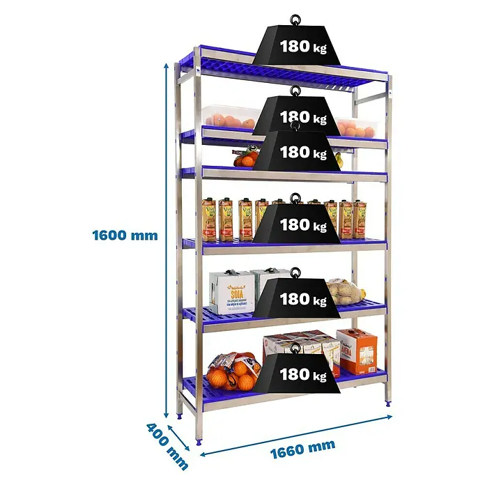 Simonrack Simoninox Metallregal Grundelement - H x B x T: 160 x 166 x 40 cm, Traglast pro Boden: 180 kg, Anzahl Böden: 6 Stk., Stecken, Material Boden: Kunststoff - Abbildung eines blauen Regals mit silbernen Rahmen und verschiedener Produkte, wobei jedes Regal zusätzlich mit 180 kg belastet ist.