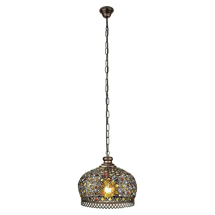 Eglo Pendelleuchte rund Jadida60 W, Ø x H: 330 mm x 110 cm, Antik Braun, E27 - Elegante Hängeleuchte mit antikem Bronze-Finish und bunten Glasakzenten, die ein warmes, einladendes Licht verbreitet. Ein stilvolles Detail für jeden Raum.
