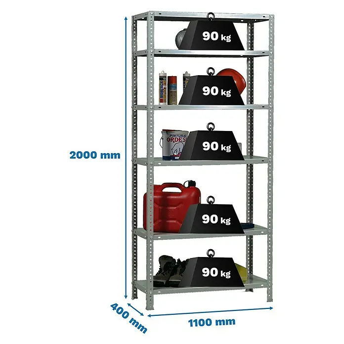 Simonrack Simonclassic Metallregal Comfort Super Plus - H x B x T: 200 x 110 x 40 cm, Traglast pro Boden: 90 kg, Anzahl Böden: 6 Stk., Schrauben, Silber - Ein robustes Metallregal mit fünf Ebenen, beladen mit verschiedenen Gegenständen und Gewichten.