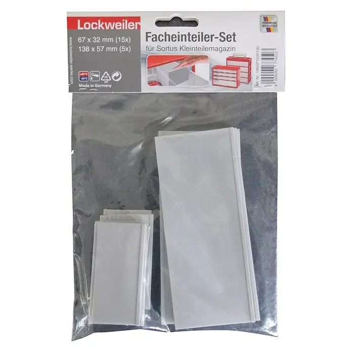 Lockweiler Schlitzpaneelen-Set Sortus - 20 Stk. - Fachunterteiler-Set von Lockweiler für Sortus Kleinteilemagazine, bestehend aus 15 kleinen und 5 großen Facheinteilern.