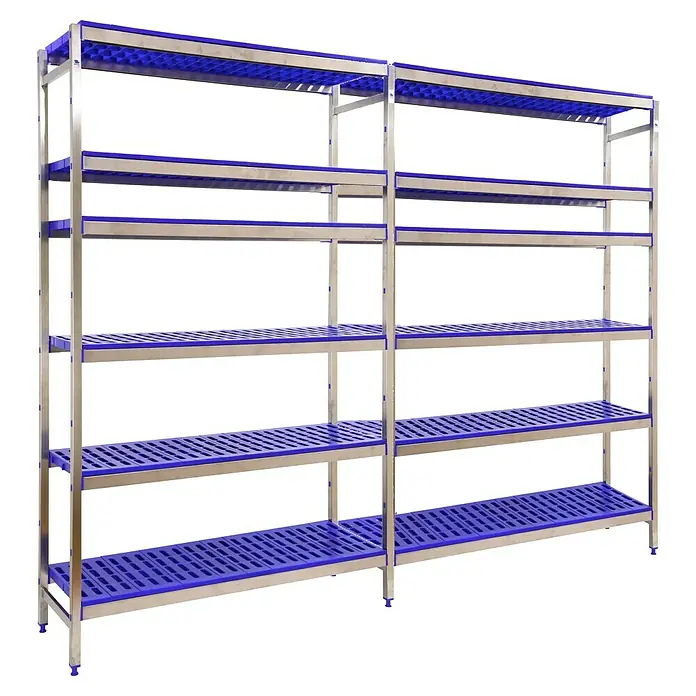 Simonrack Simoninox Metallregal Grundelement - H x B x T: 200 x 329 x 50 cm, Traglast pro Boden: 180 kg, Anzahl Böden: 6 Stk., Stecken, Material Boden: Kunststoff - Bild eines leeren Regalsystems mit silbernen Rahmen und blauen Regalböden. Das Regal besteht aus zwei verbundenen Einheiten.