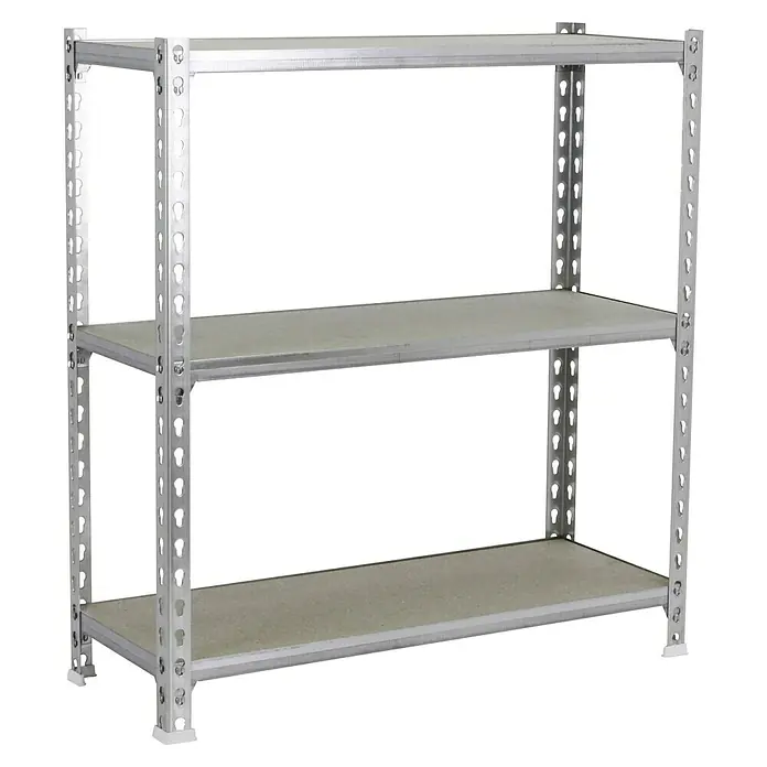 Simonrack Maderclick Metallregal Maderclick SuperPlus - H x B x T: 100 x 110 x 50 cm, Traglast pro Boden: 200 kg, Anzahl Böden: 3 Stk., Stecken, Silber - Abbildung eines silberfarbenen Metallregals mit zwei grauen Einlegeböden auf schwarzem Hintergrund.