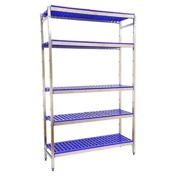 Simonrack Simoninox Metallregal Grundelement - H x B x T: 200 x 86 x 40 cm, Traglast pro Boden: 180 kg, Anzahl Böden: 5 Stk., Stecken, Material Boden: Kunststoff - Silbernes Regal mit fünf blauen Regalböden. Eine robuste und vielseitige Lagerlösung für verschiedene Umgebungen.