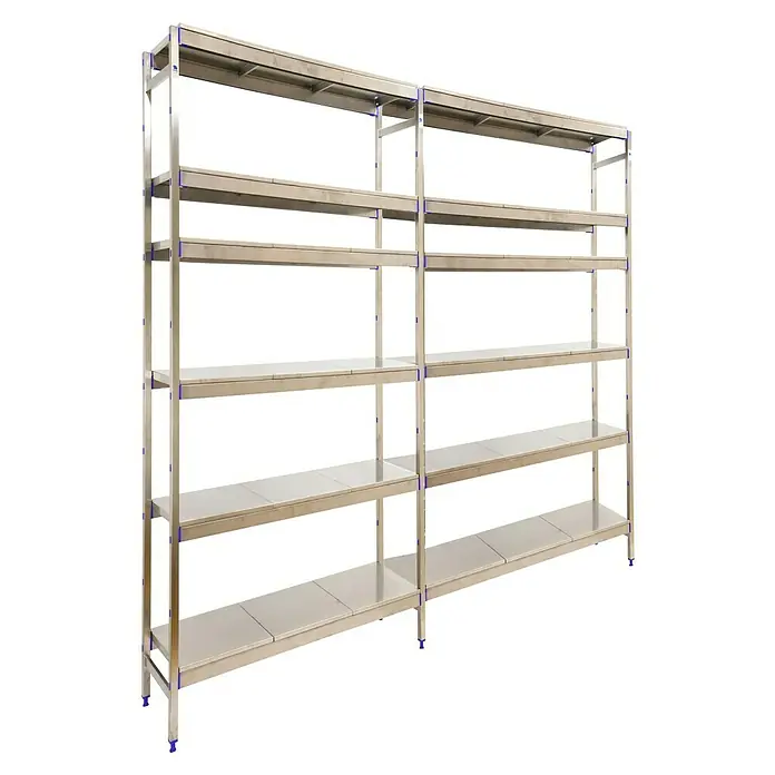 Simonrack Simoninox Metallregal Grundelement - H x B x T: 200 x 249 x 40 cm, Traglast pro Boden: 200 kg, Anzahl Böden: 6 Stk., Stecken, Material Boden: Edelstahl - Abbildung eines großen, leeren Regals mit mehreren Ebenen, ideal für Lagerung und Organisation.