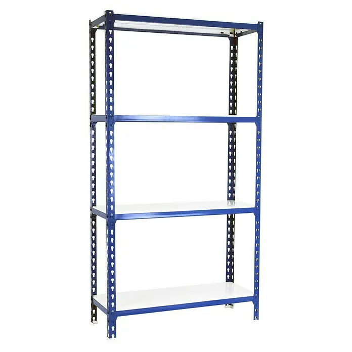 Simonrack Simonclick Metallregal Mega Plus - H x B x T: 150 x 120 x 40 cm, Traglast pro Boden: 200 kg, Anzahl Böden: 4 Stk., Stecken, Blau/Weiß - Regal mit vier weißen Regalböden und einem blauen Metallrahmen, das eine robuste Aufbewahrungslösung darstellt.