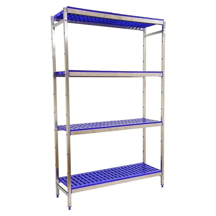 Simonrack Simoninox Metallregal Grundelement - H x B x T: 160 x 166 x 40 cm, Traglast pro Boden: 180 kg, Anzahl Böden: 4 Stk., Stecken, Material Boden: Kunststoff - Dieses Bild zeigt ein blau-silbernes Lagerregal mit vier Ebenen und einem robusten Rahmen, ideal für Lagerung.