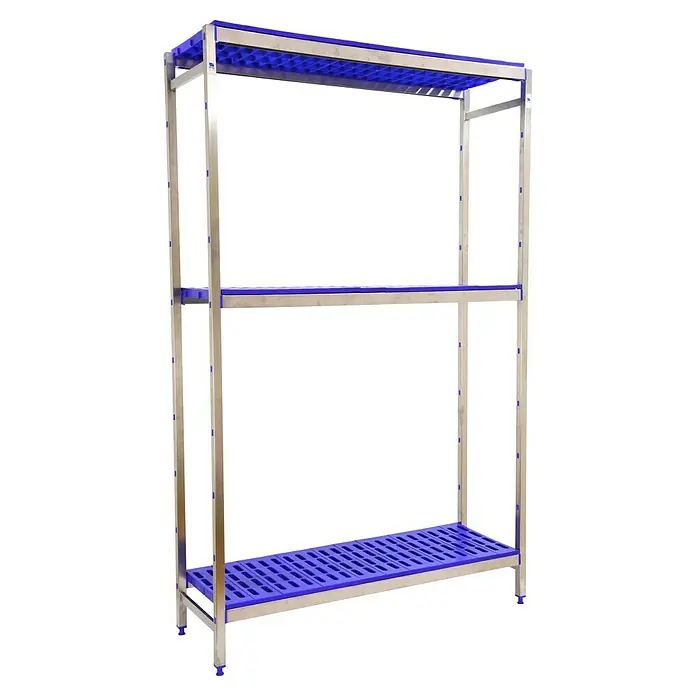 Simonrack Simoninox Metallregal Grundelement - H x B x T: 160 x 126 x 40 cm, Traglast pro Boden: 180 kg, Anzahl Böden: 3 Stk., Stecken, Material Boden: Kunststoff - Abbildung eines robusten, dreistufigen Lagerregals mit blauen Kunststoffböden und einem stabilen Metallrahmen. Ideal für die Organisation und Lagerung.