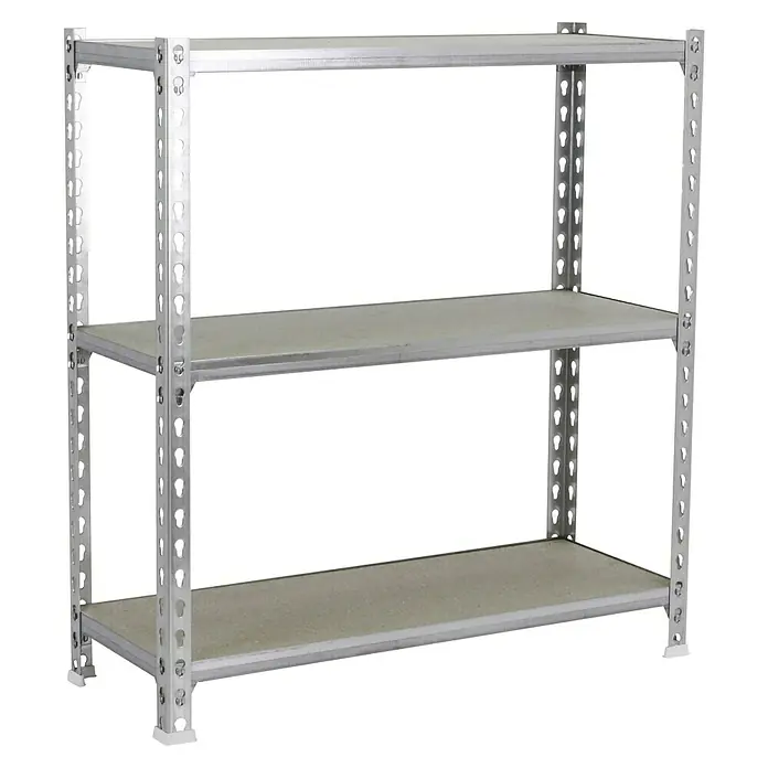 Simonrack Maderclick Metallregal Maderclick MegaPlus - H x B x T: 90 x 120 x 30 cm, Traglast pro Boden: 200 kg, Anzahl Böden: 3 Stk., Stecken, Silber - Ein graues Regal mit zwei Ablagen und silbernen Metallrahmen vor einem schwarzen Hintergrund.