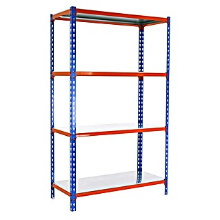 Simonrack Simonclick Metallregal Simonclick Mega Plus (H x B x T: 150 x 120 x 50 cm, Traglast pro Boden: 200 kg, Anzahl Böden: 4 Stk., Stecken, Blau/Orange/Silber)