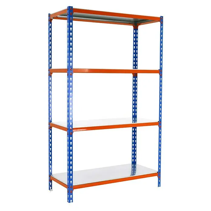 Simonrack Simonclick Metallregal Simonclick Super Plus - H x B x T: 150 x 110 x 50 cm, Traglast pro Boden: 200 kg, Anzahl Böden: 4 Stk., Stecken, Blau/Orange/Silber - Dieses Bild zeigt ein robustes Regal mit vier Ebenen, ideal für Lagerung und Organisation. Die Konstruktion ist blau und orange.