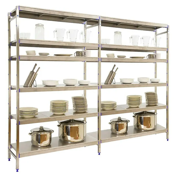 Simonrack Simoninox Metallregal Grundelement - H x B x T: 200 x 249 x 40 cm, Traglast pro Boden: 200 kg, Anzahl Böden: 6 Stk., Stecken, Material Boden: Edelstahl - Metallregale mit Geschirr und Töpfen. Die robusten Regale bieten viel Stauraum für Küchenutensilien.