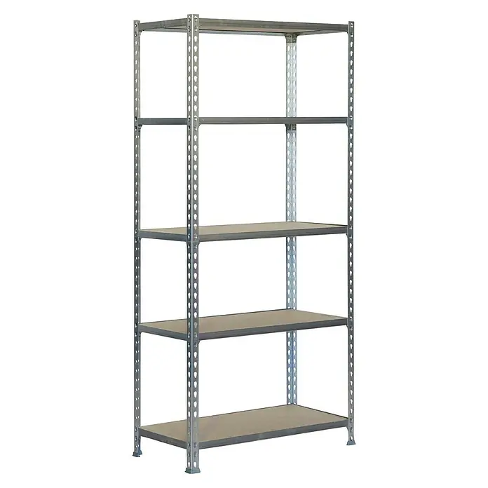 Simonrack Maderclick Metallregal Maderclick MegaPlus - H x B x T: 200 x 120 x 40 cm, Traglast pro Boden: 200 kg, Anzahl Böden: 5 Stk., Stecken, Silber - Abbildung eines freistehenden, grauen Metallregals mit fünf Regalböden zur Lagerung und Organisation.