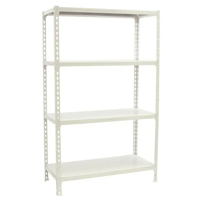 Simonrack Simonclick Metallregal Simonclick Super Plus - H x B x T: 150 x 110 x 50 cm, Traglast pro Boden: 200 kg, Anzahl Böden: 4 Stk., Stecken, Weiß/Weiß - Abbildung eines weißen Metallregals mit vier Ebenen, ideal für Lagerung und Organisation. Praktisches Design für verschiedene Aufbewahrungsbedürfnisse.