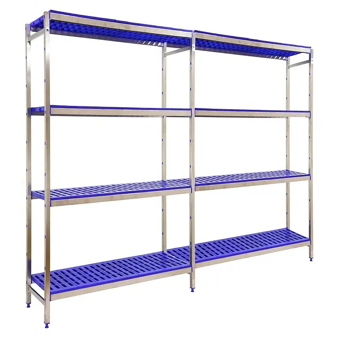 Simonrack Simoninox Metallregal Grundelement - H x B x T: 200 x 329 x 40 cm, Traglast pro Boden: 180 kg, Anzahl Böden: 4 Stk., Stecken, Material Boden: Kunststoff - Edelstahlregal mit vier blauen Kunststoffböden für Lagerzwecke.