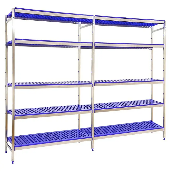 Simonrack Simoninox Metallregal Grundelement - H x B x T: 160 x 329 x 40 cm, Traglast pro Boden: 180 kg, Anzahl Böden: 5 Stk., Stecken, Material Boden: Kunststoff - Bild eines modularen Regalsystems mit blauen Kunststoffeinlagen und metallenen Rahmen zur flexiblen Lagerung.