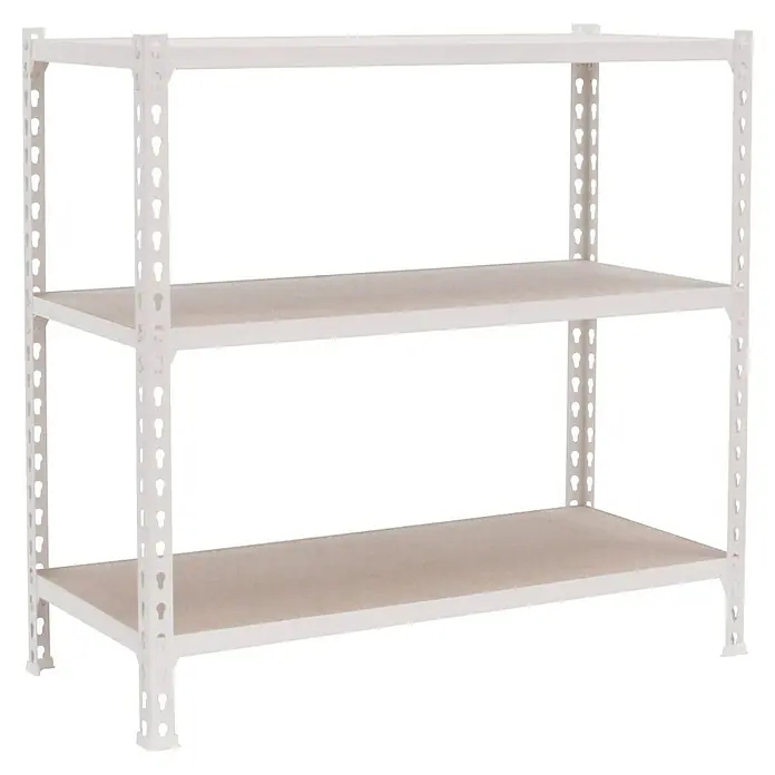 Simonrack Maderclick Metallregal Maderclick Plus - H x B x T: 100 x 100 x 50 cm, Traglast pro Boden: 150 kg, Anzahl Böden: 3 Stk., Stecken, Weiß - Ein weißes Regal mit drei Regalböden und einem stabilen Rahmen, ideal für die Lagerung verschiedener Gegenstände im Haus oder Büro.