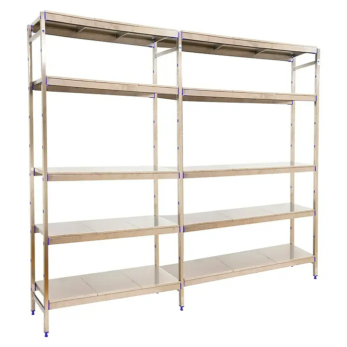 Simonrack Simoninox Metallregal Grundelement - H x B x T: 200 x 329 x 50 cm, Traglast pro Boden: 200 kg, Anzahl Böden: 5 Stk., Stecken, Material Boden: Edelstahl - Dieses Bild zeigt ein helles Metallregal mit vier Ebenen, ideal zur Aufbewahrung und Organisation von Gegenständen in verschiedenen Räumen.