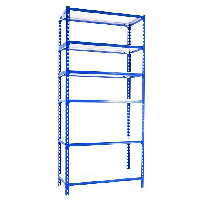 Simonrack Simonclick Metallregal Simonclick Super Plus - H x B x T: 250 x 110 x 30 cm, Traglast pro Boden: 200 kg, Anzahl Böden: 6 Stk., Stecken, Blau/Weiß - Ein blaues, unbestücktes Schwerlastregal mit fünf weißen Regalböden, ideal für Lagerung und Organisation.