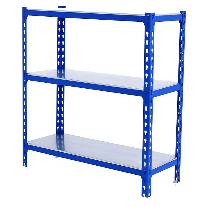 Simonrack Simonclick Metallregal Simonclick Super Plus - H x B x T: 100 x 110 x 50 cm, Traglast pro Boden: 200 kg, Anzahl Böden: 3 Stk., Stecken, Blau/Silber - Regal mit drei Ebenen und blauem Rahmen. Ideal zur Aufbewahrung und Organisation verschiedener Gegenstände.