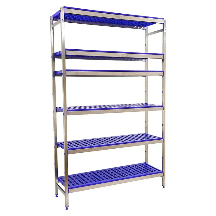 Simonrack Simoninox Metallregal Grundelement - H x B x T: 160 x 166 x 40 cm, Traglast pro Boden: 180 kg, Anzahl Böden: 6 Stk., Stecken, Material Boden: Kunststoff - Das Bild zeigt ein blaues und silbernes Schwerlastregal mit fünf Regalböden. Das Regal ist leer und steht vor einem schwarzen Hintergrund.