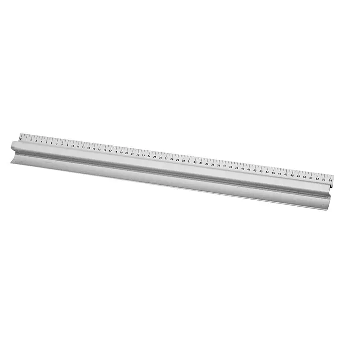 swingcolor Schneidekante - Anpressprofil - 55 cm - Ein silbernes Lineal mit einer Skala von 0 bis 54, das zum Messen und Zeichnen verwendet wird. Präzises Werkzeug für genaue Ergebnisse.