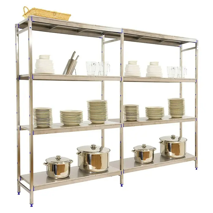 Simonrack Simoninox Metallregal Grundelement - H x B x T: 160 x 249 x 40 cm, Traglast pro Boden: 200 kg, Anzahl Böden: 4 Stk., Stecken, Material Boden: Edelstahl - Ein Edelstahlregal mit Geschirr, Tassen und Töpfen. Ideal für Gastronomie und Küche, bietet es viel Stauraum und ist leicht zu reinigen.