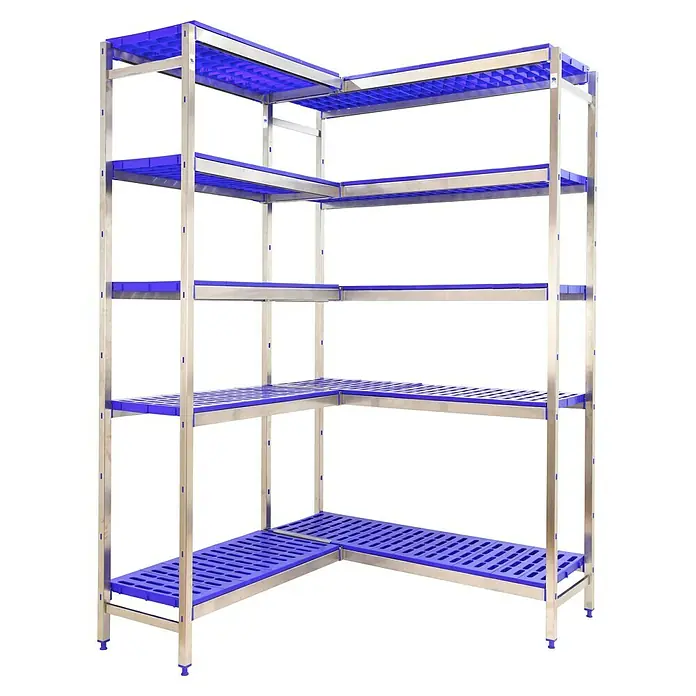 Simonrack Simoninox Abschlussregal - H x B x T: 200 x 166 x 40 cm, Traglast pro Boden: 180 kg, Anzahl Böden: 5 Stk., Stecken, Material Boden: Kunststoff - Lagerregal aus Metall und blauem Kunststoff mit fünf Ebenen.