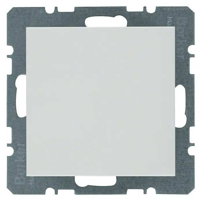 Berker S.1 Blindabdeckung 10098989 - Polarweiß glänzend, Kunststoff, IP20 - Nahaufnahme einer Berker-Schalterwippe, quadratisch und weiß, mit einem grauen Rahmen mit Aussparungen für die Montage.
