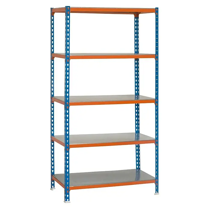 Simonrack Simonclick Metallregal Simonclick Super Plus - H x B x T: 200 x 110 x 30 cm, Traglast pro Boden: 200 kg, Anzahl Böden: 5 Stk., Stecken, Blau/Orange/Silber - Abbildung eines blauen und orangefarbenen Metallregals mit fünf Ebenen.