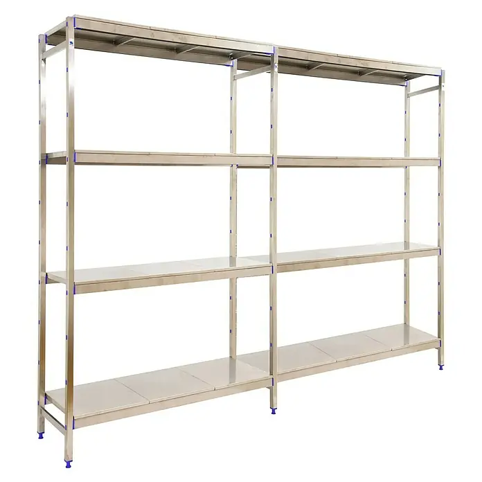 Simonrack Simoninox Metallregal Grundelement - H x B x T: 160 x 249 x 40 cm, Traglast pro Boden: 200 kg, Anzahl Böden: 4 Stk., Stecken, Material Boden: Edelstahl - Ein modernes Metallregal mit mehreren Ebenen, ideal für Lagerung und Organisation. Das Regal zeichnet sich durch seine robuste Bauweise aus.