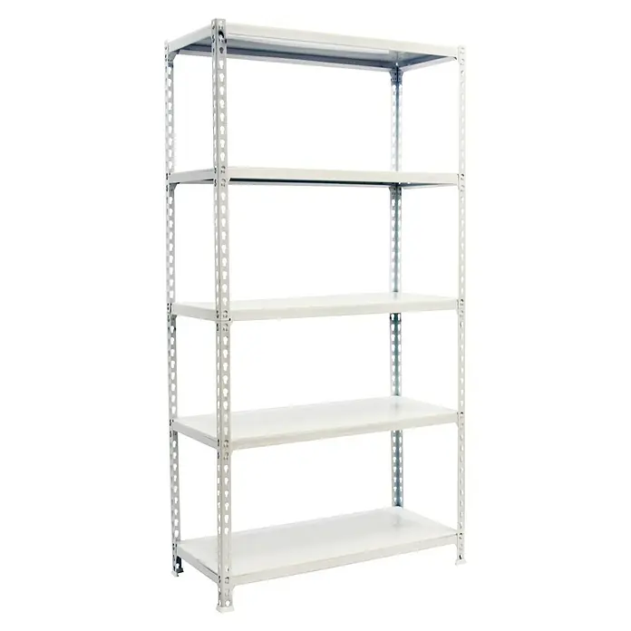 Simonrack Simonclick Metallregal Simonclick Super Plus - H x B x T: 200 x 110 x 50 cm, Traglast pro Boden: 200 kg, Anzahl Böden: 5 Stk., Stecken, Weiß/Weiß - Bild eines Regals mit fünf weißen Regalböden und einem stabilen Metallrahmen, ideal für Lagerung und Ordnung.