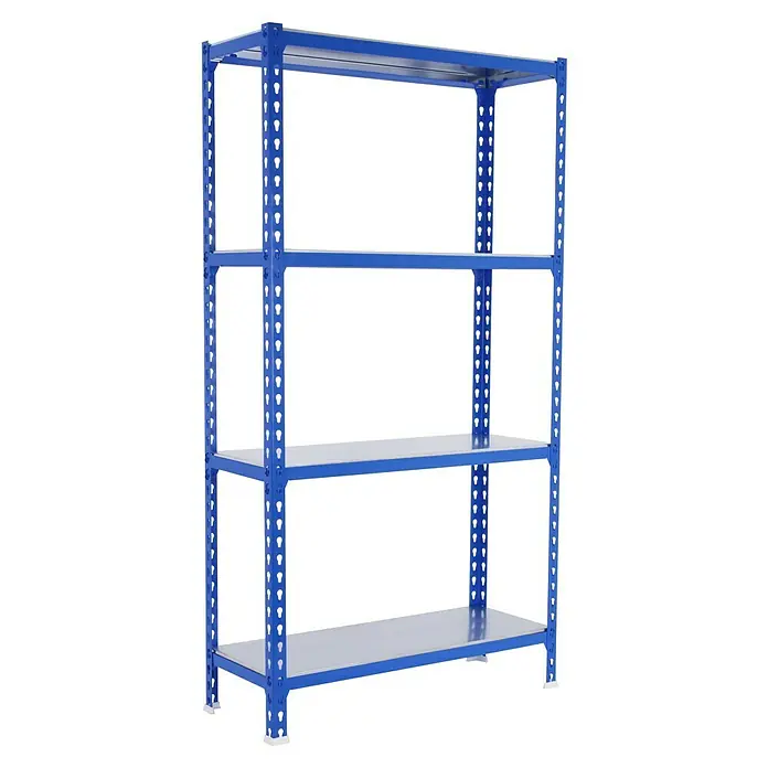Simonrack Simonclick Metallregal Simonclick Super Plus - H x B x T: 150 x 110 x 50 cm, Traglast pro Boden: 200 kg, Anzahl Böden: 4 Stk., Stecken, Blau/Silber - Blaues Schwerlastregal mit vier Ebenen. Ideal für Lagerung und Organisation in Garage, Keller oder Werkstatt.