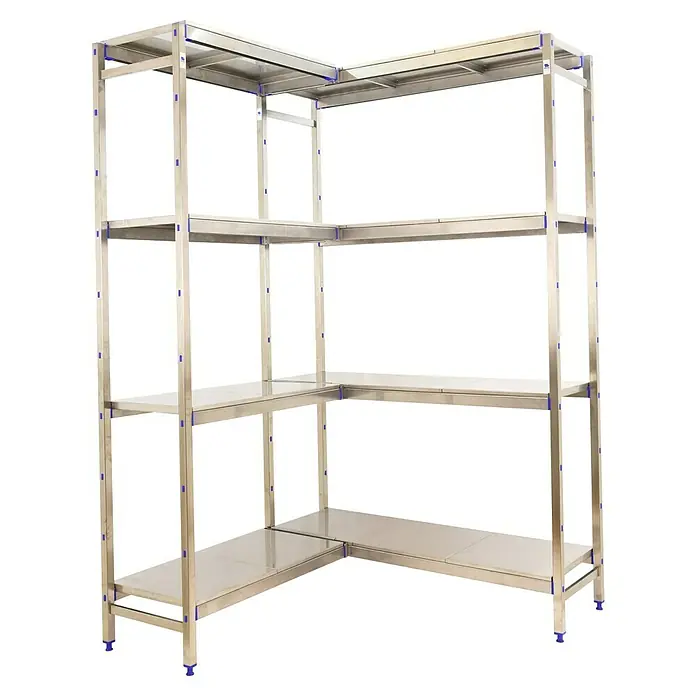 Simonrack Simoninox Abschlussregal - H x B x T: 160 x 126 x 50 cm, Traglast pro Boden: 200 kg, Anzahl Böden: 4 Stk., Stecken, Material Boden: Metall - Bild eines Eckregals aus Edelstahl mit vier Ebenen und blauem Verbindungselement. Das Regal bietet viel Stauraum in Ecken.