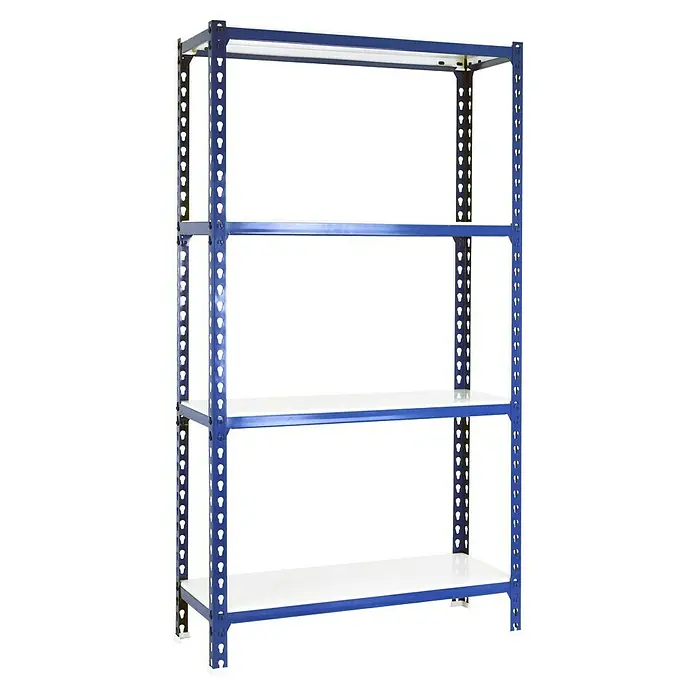 Simonrack Simonclick Metallregal Simonclick Super Plus - H x B x T: 150 x 110 x 50 cm, Traglast pro Boden: 200 kg, Anzahl Böden: 4 Stk., Stecken, Blau/Weiß - Blaues Regal mit vier weißen Regalböden. Ideal für Lagerung und Organisation in Werkstatt oder Lagerraum. Robust und vielseitig.