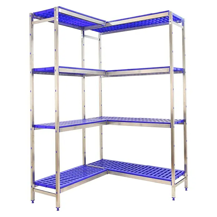 Simonrack Simoninox Abschlussregal - H x B x T: 160 x 136 x 50 cm, Traglast pro Boden: 180 kg, Anzahl Böden: 4 Stk., Stecken, Material Boden: Kunststoff - Ein Eckregal mit vier Ebenen. Die Ablagen sind blau und der Rahmen ist aus rostfreiem Stahl gefertigt. Ideal für die Lagerung in Kühlhäusern.