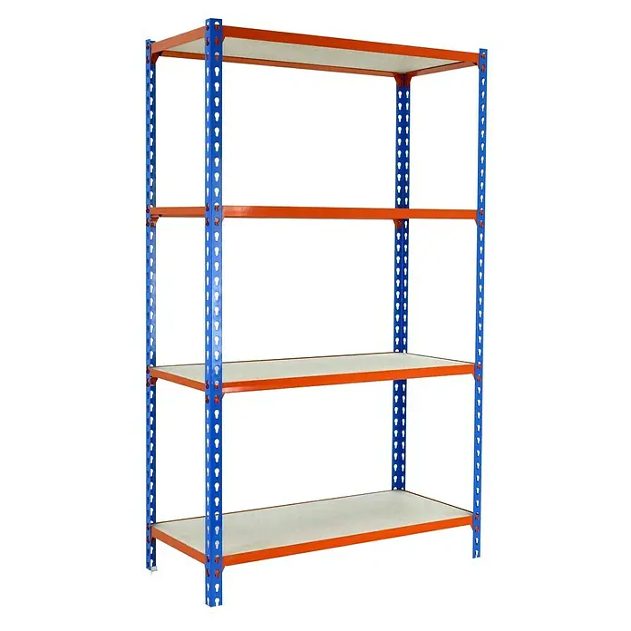 Simonrack Maderclick Metallregal Maderclick MegaPlus - H x B x T: 150 x 120 x 40 cm, Traglast pro Boden: 200 kg, Anzahl Böden: 4 Stk., Stecken, Blau/Orange - Dieses Bild zeigt ein blau-oranges Regal mit vier Ablagen. Das Regal ist robust und bietet viel Stauraum für verschiedene Gegenstände.