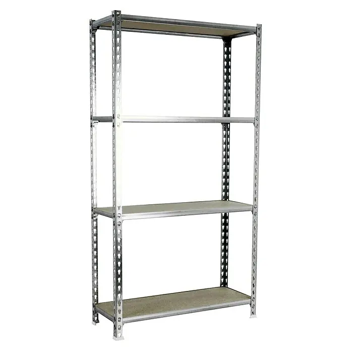 Simonrack Maderclick Metallregal Maderclick MegaPlus - H x B x T: 150 x 120 x 50 cm, Traglast pro Boden: 200 kg, Anzahl Böden: 4 Stk., Stecken, Silber - Das Bild zeigt ein Regal mit vier Regalböden aus Metall und Holz. Das Regal ist stabil und bietet viel Stauraum.
